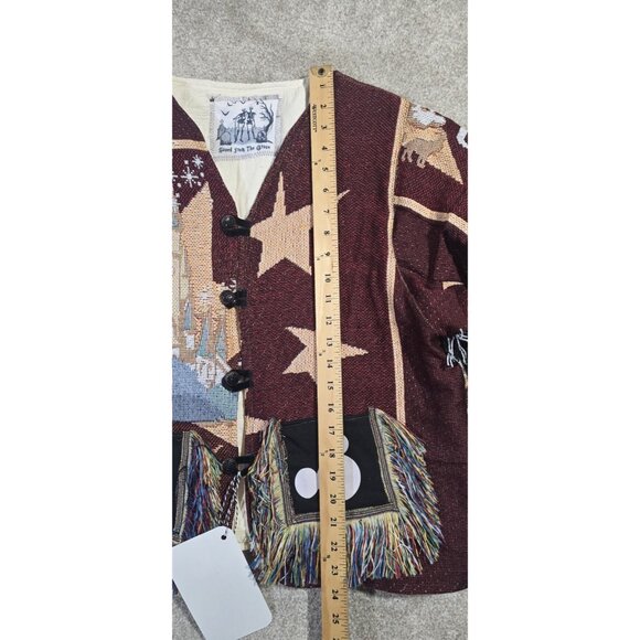 OOAK Handmade Upcycled Mickey Mouse Tapestry Jacket Quilt Lined Fringe Women's L - Picture 15 of 16